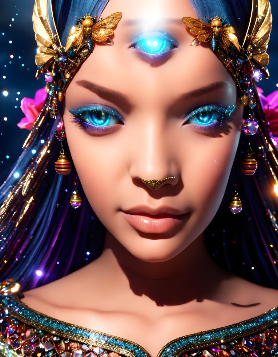 Mystical woman with glowing blue eyes in golden headdress on starry backdrop