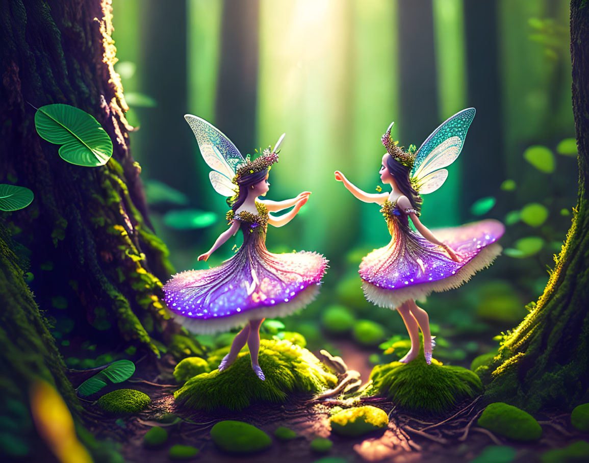 Enchanting fairies with iridescent wings in sunlit forest