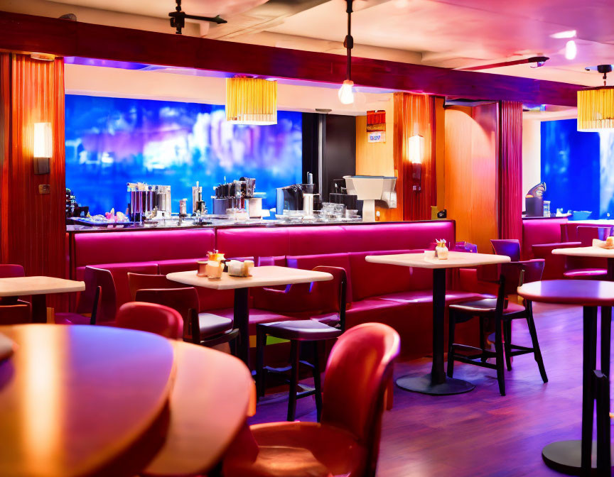 Colorful bar with red seating, stocked counter, ambient lighting, blue wall.