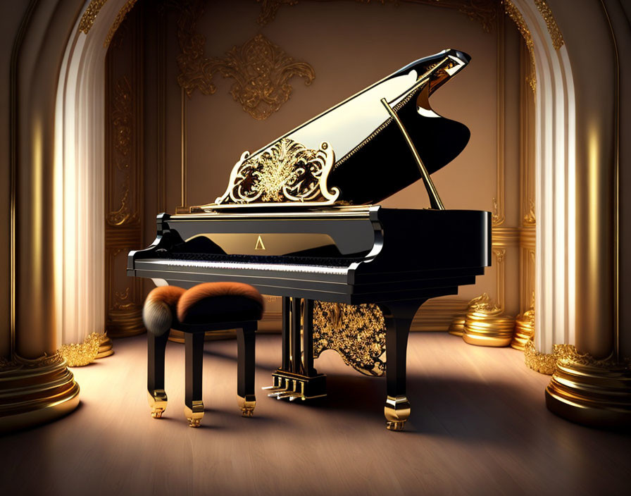 Luxurious Room with Elegant Grand Piano and Gold Detailing