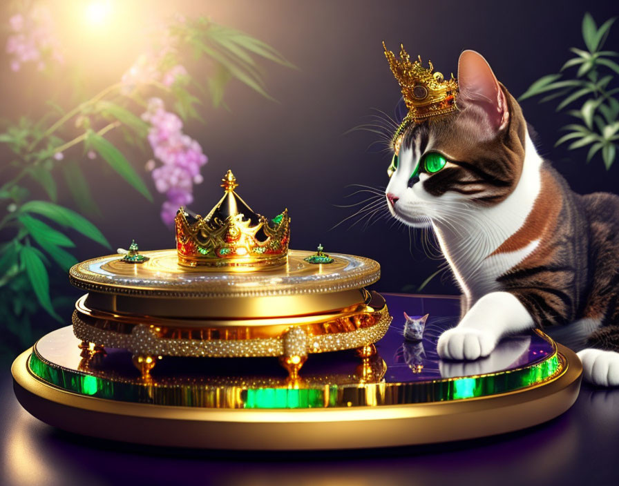 Regal cat with crown on cushioned pedestal in warm glow
