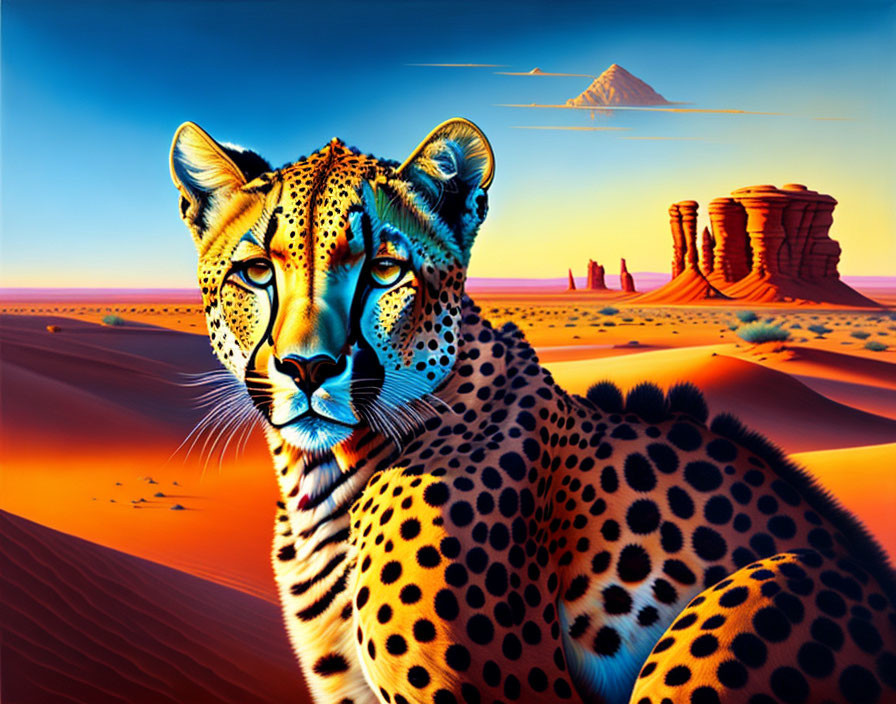 Vivid cheetah illustration with blue eyes in desert setting