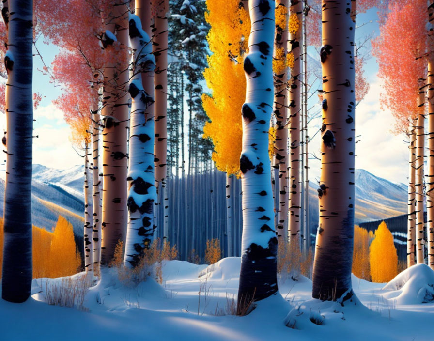 Snow-covered winter landscape with aspen trees and vibrant orange leaves.