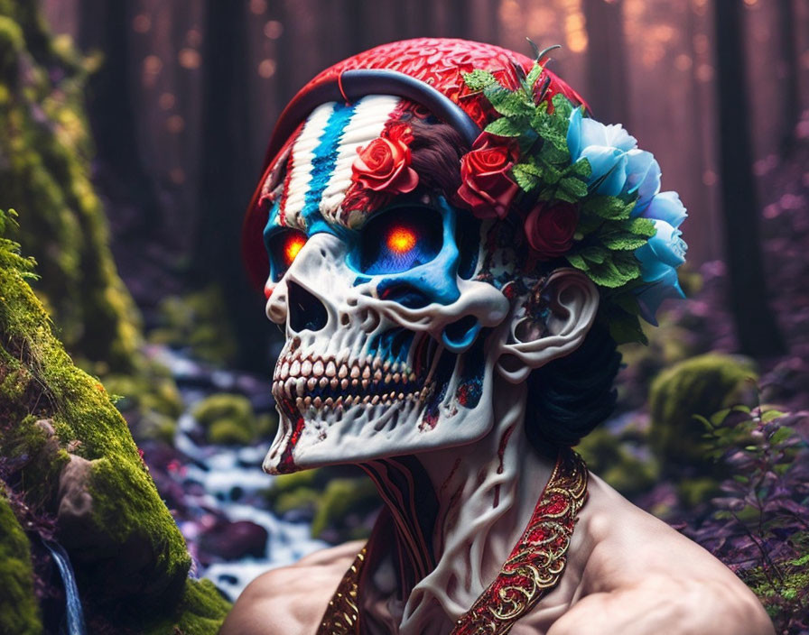 Person with Skull Face Paint in Forest with Floral Crown and Vibrant Colors