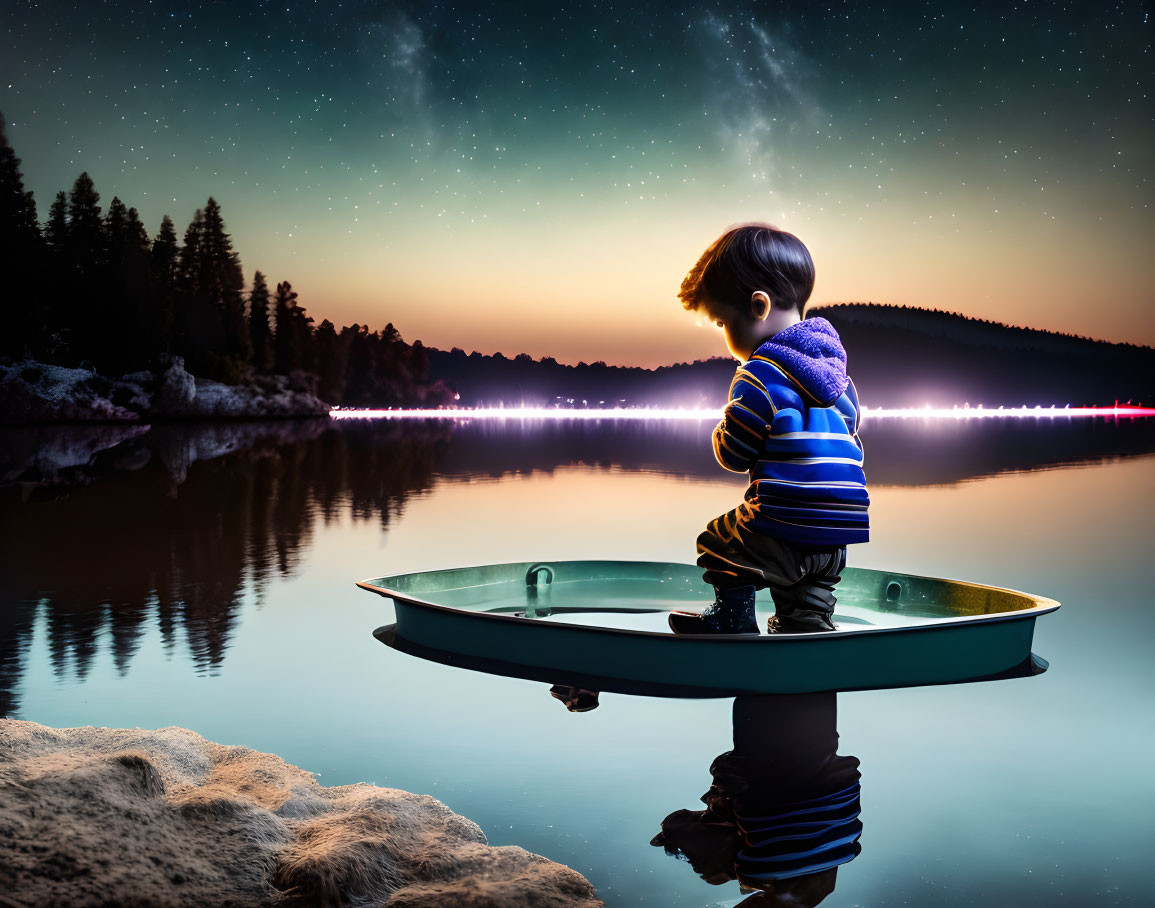 Child in Boat Gazing at Starry Night Sky over Tranquil Lake
