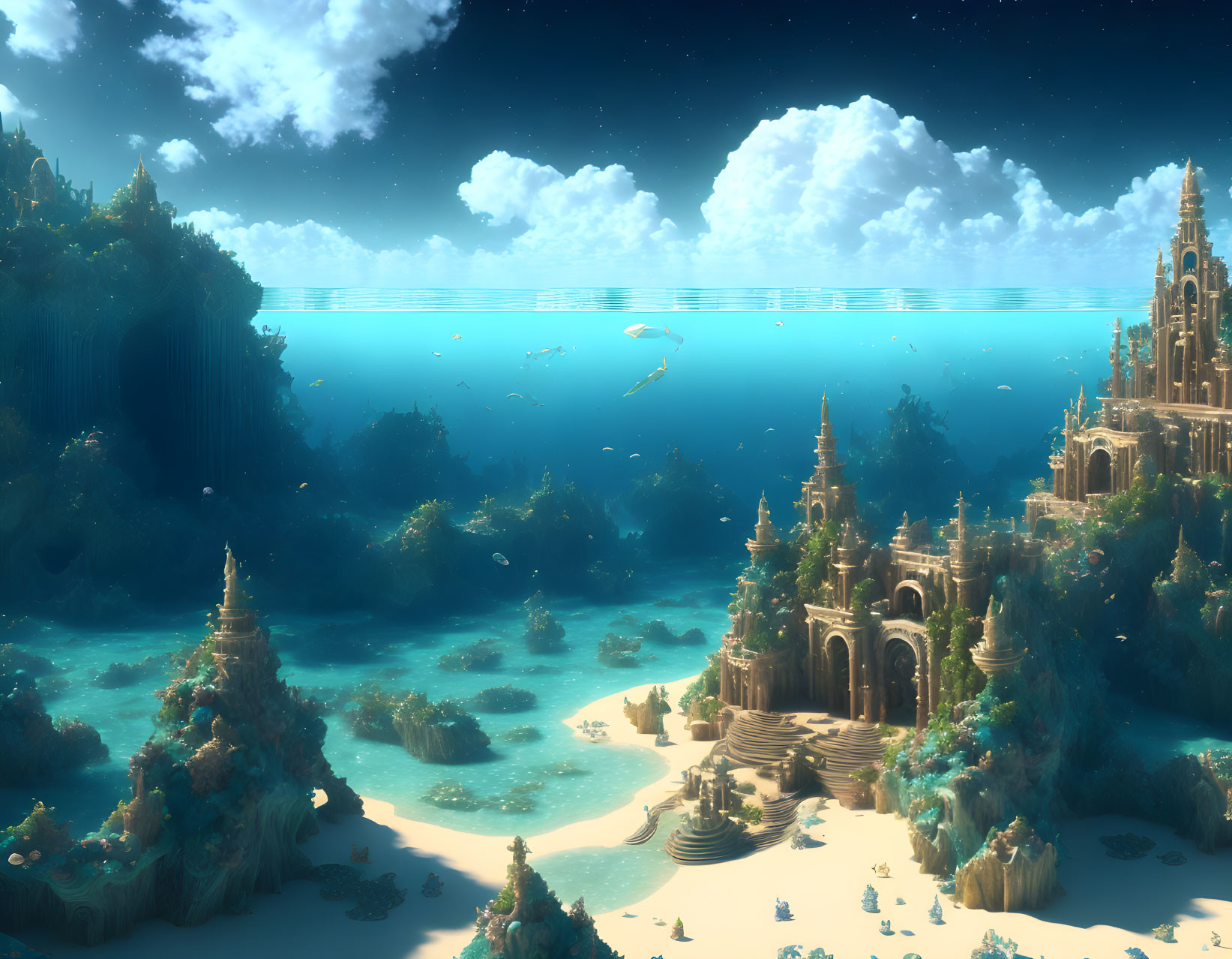 Futuristic underwater cityscape with coral, fish, and bright skyline