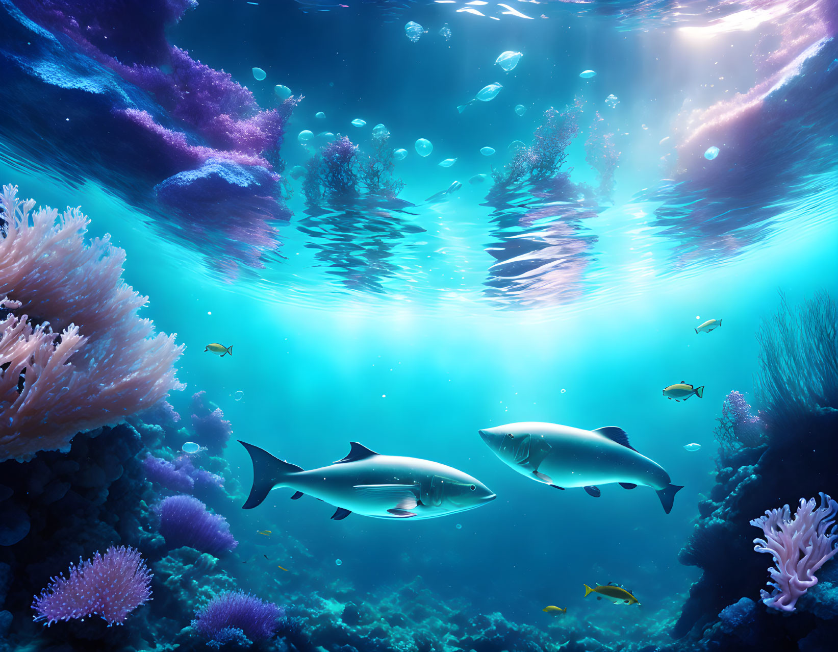 Colorful Coral Reefs and Fish in Sunlit Underwater Scene