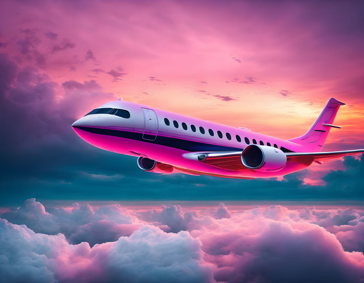 Private jet flying in vibrant sunset sky with fluffy clouds