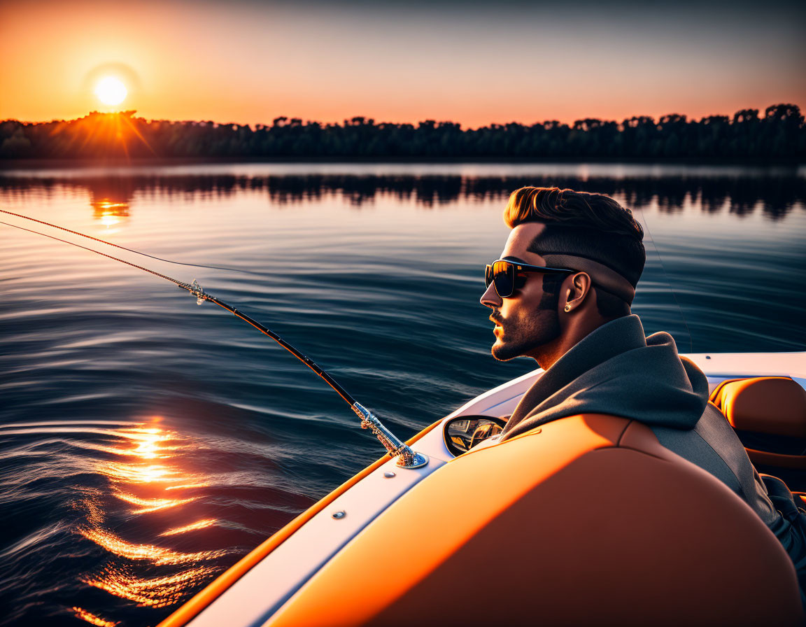 Man in sunglasses fishing on boat at sunset with sun reflecting on water