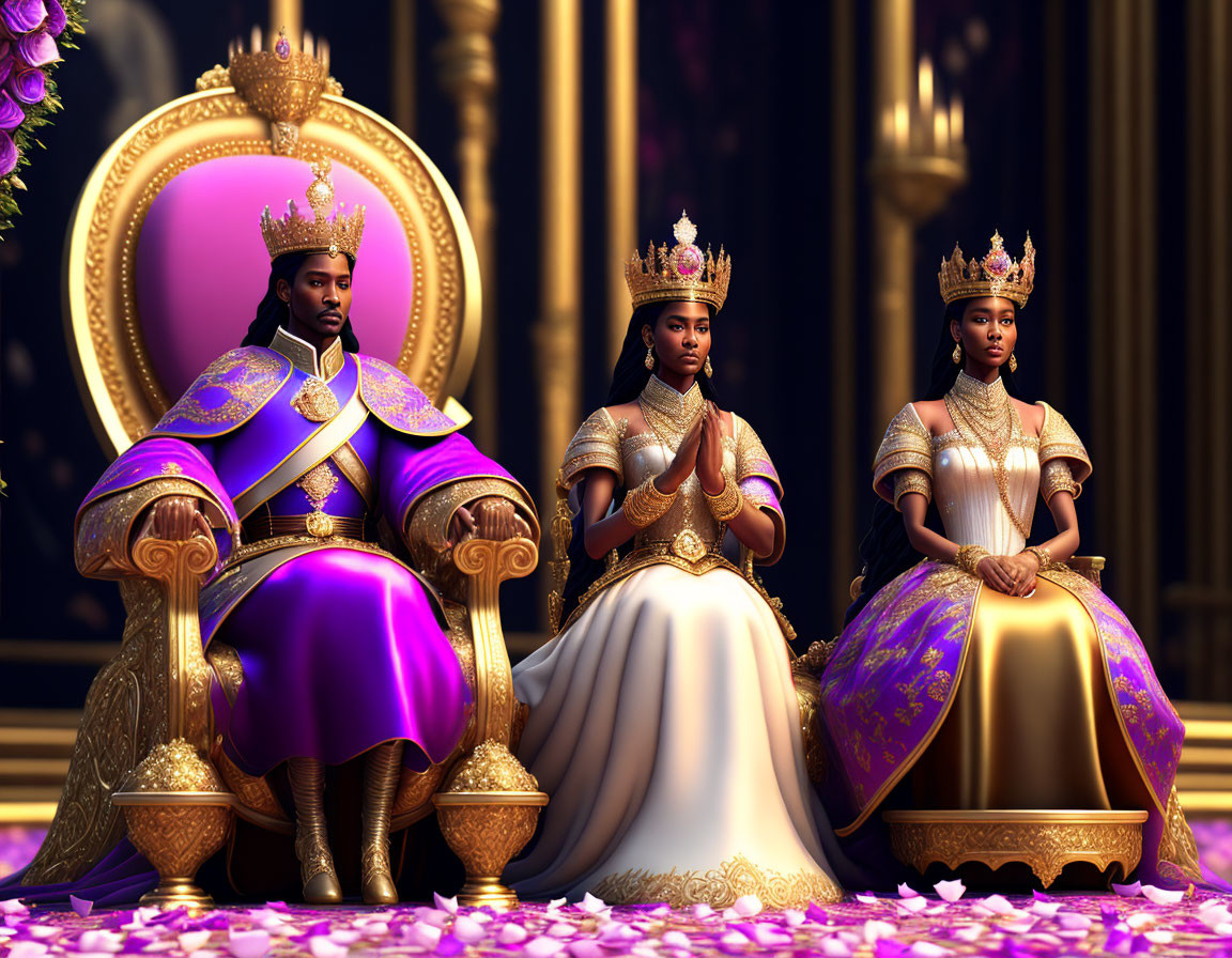 Regal Figures in Ornate Robes and Crowns Seated in Luxurious Hall