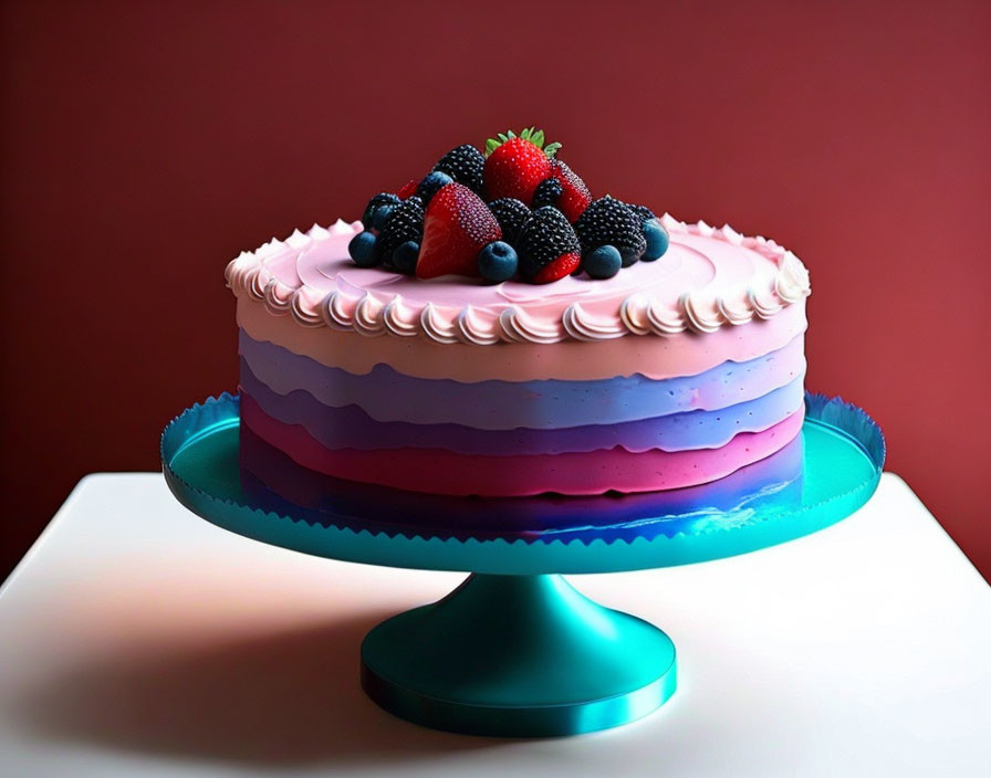 Colorful Tiered Cake with Purple Gradient Frosting and Berries on Blue Stand