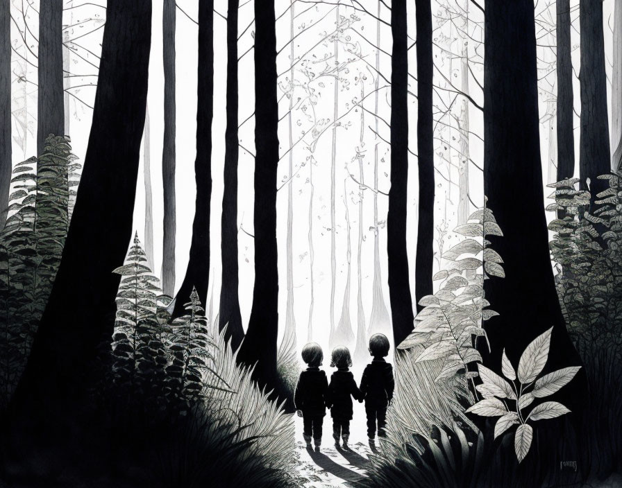 Silhouetted children holding hands in misty forest landscape