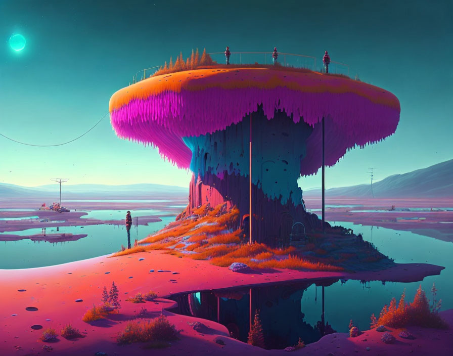 Vibrant orange and purple mushroom structure in surreal landscape with serene lake and teal sky