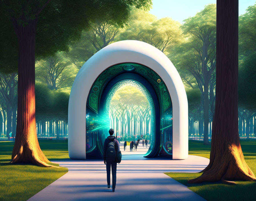 Person with backpack at glowing futuristic portal in serene park with silhouettes.