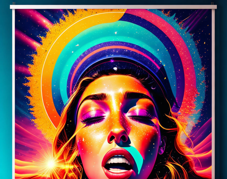 Colorful artwork: Woman with closed eyes in cosmic setting