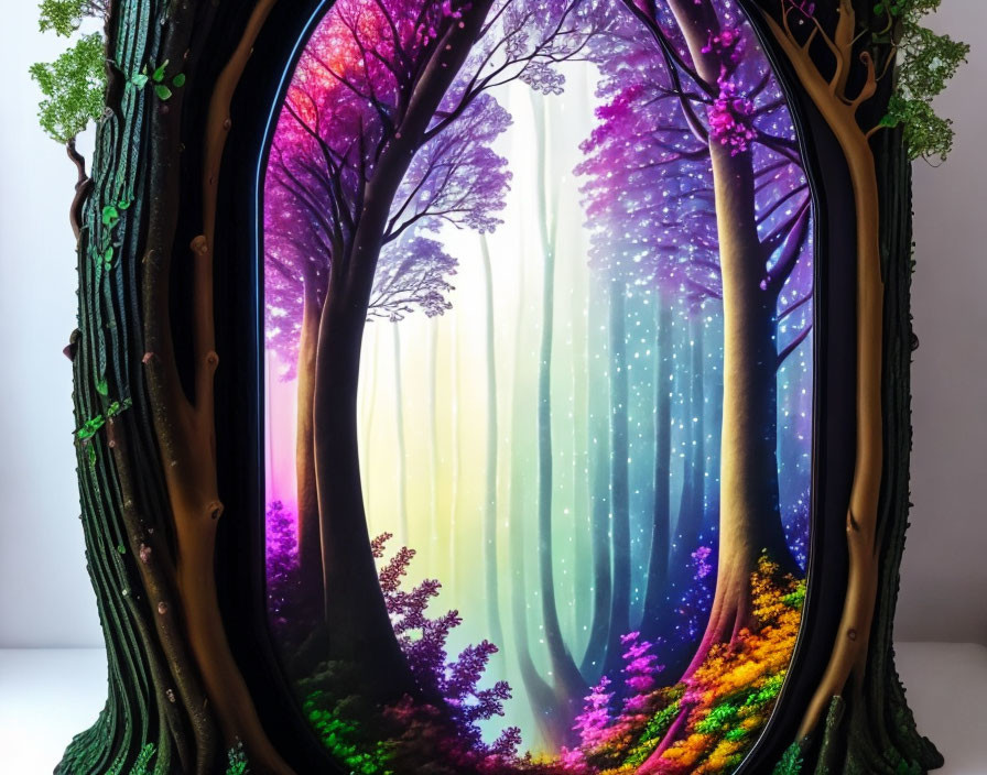Fantastical mirror reflecting mystical forest with purple hues