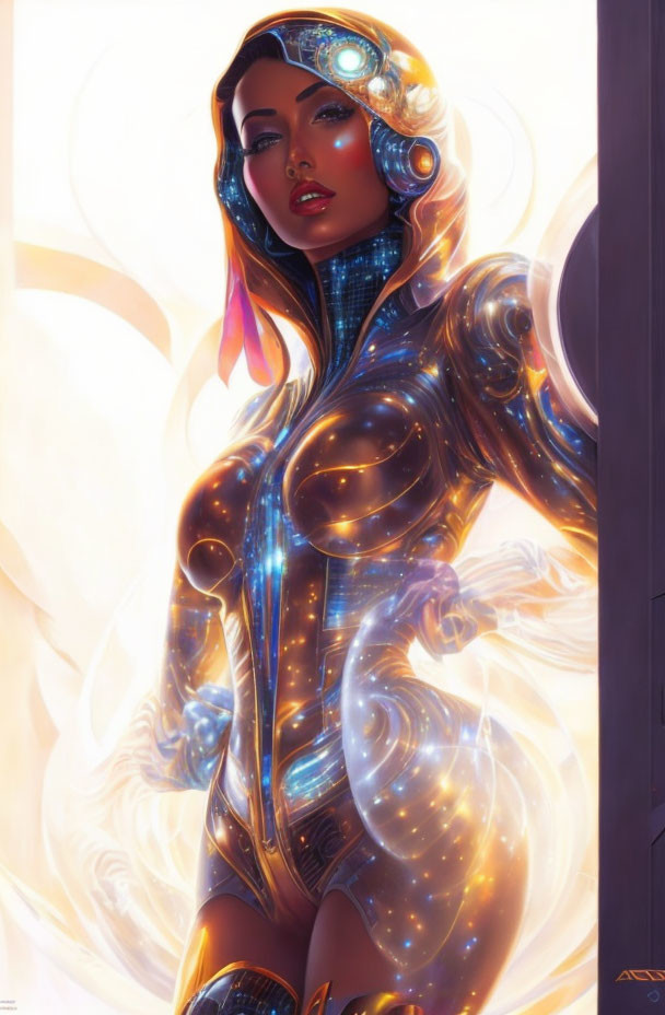 Futuristic female figure in glowing circuit patterns suit and high-tech helmet