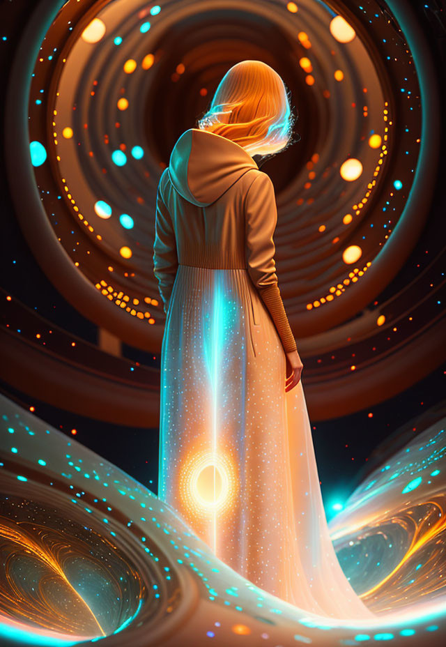 Person standing in front of swirling orange and blue cosmic vortex