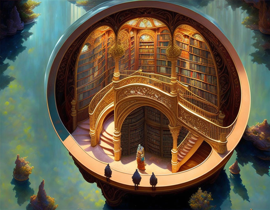 Fantastical library with wooden balconies, spiral staircases, and glowing arch window in circular floating