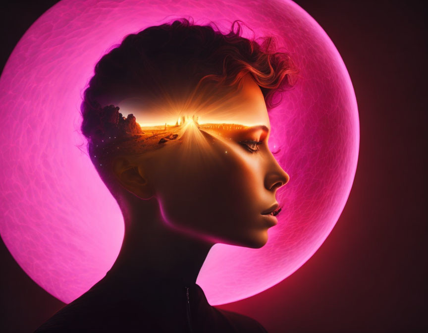 Woman's profile with surreal sunset landscape on glowing purple backdrop