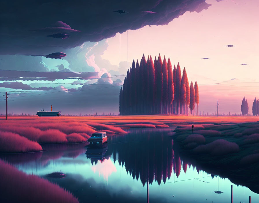 Vibrant pink and purple sky over surreal landscape with submarine and reflective lake