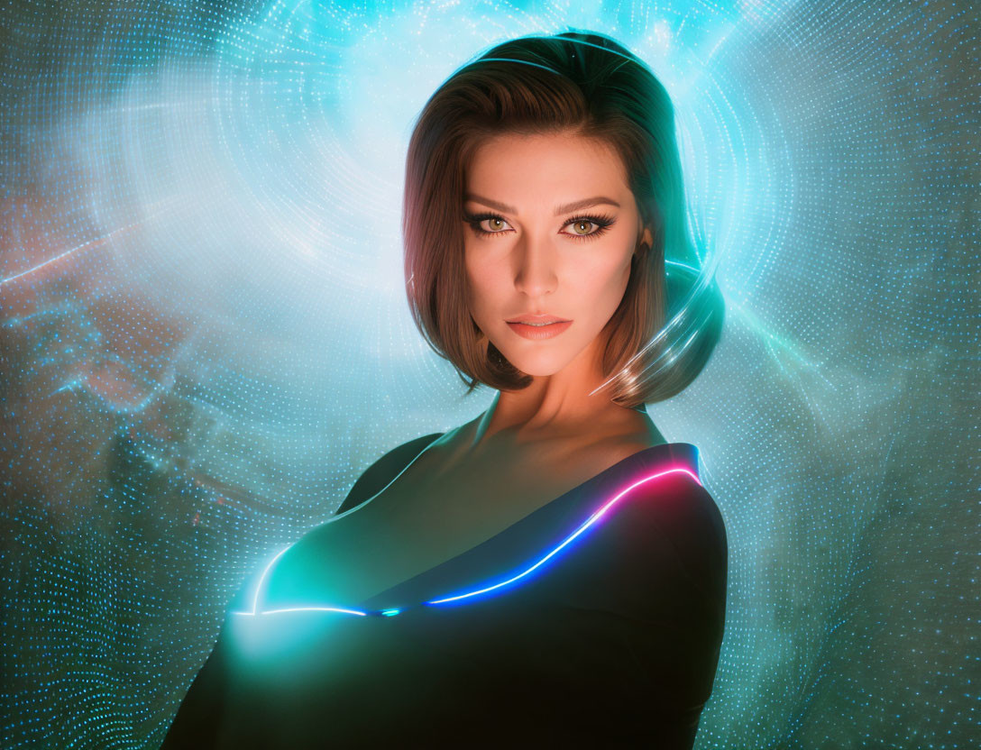 Futuristic glow and makeup on woman with neon lighting backdrop