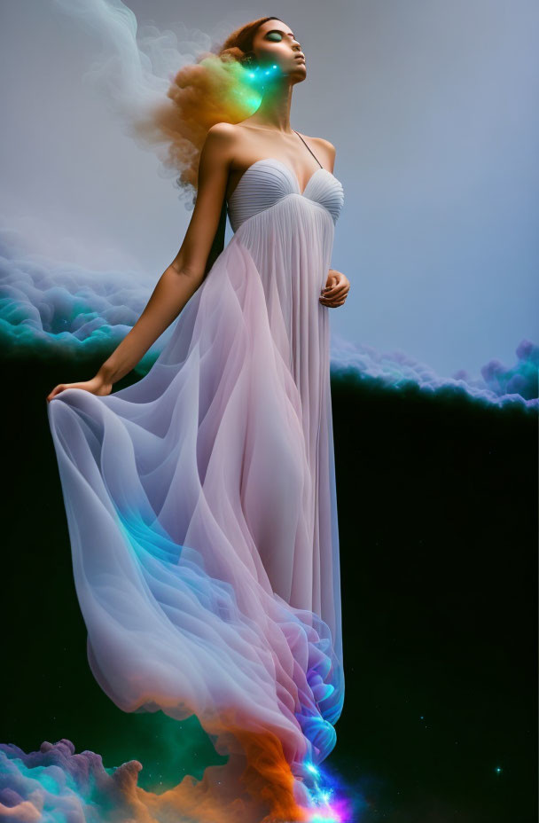 Woman in flowing white dress with colored smoke on gradient background