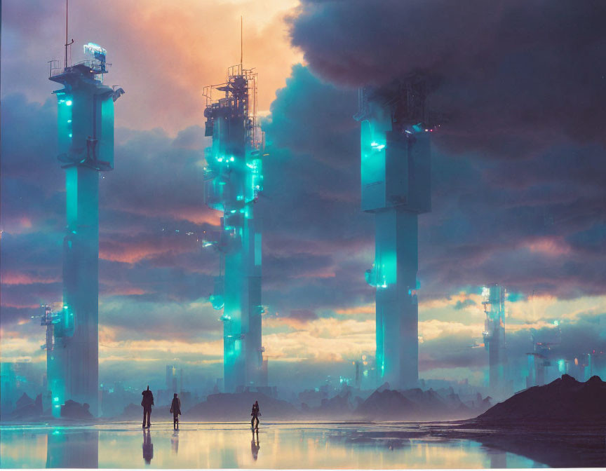 Futuristic cityscape with towering structures and glowing lights at dusk
