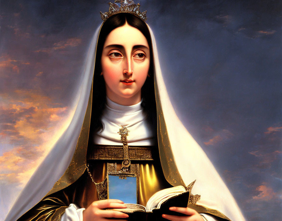 Portrait of a woman in white and gold robes with a halo holding a book against cloudy sky