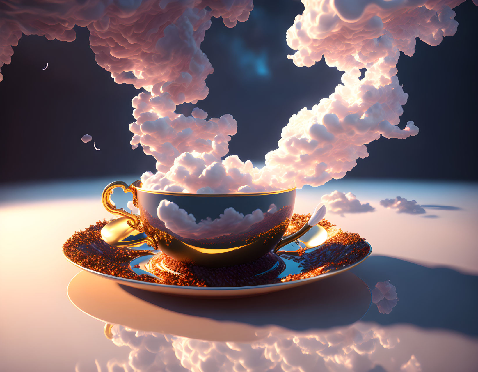 Surreal clouds falls in the tea cup