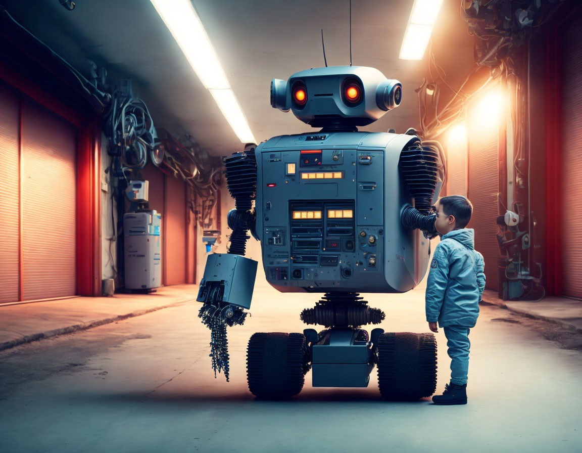 Child in hoodie exploring friendly robot in industrial corridor