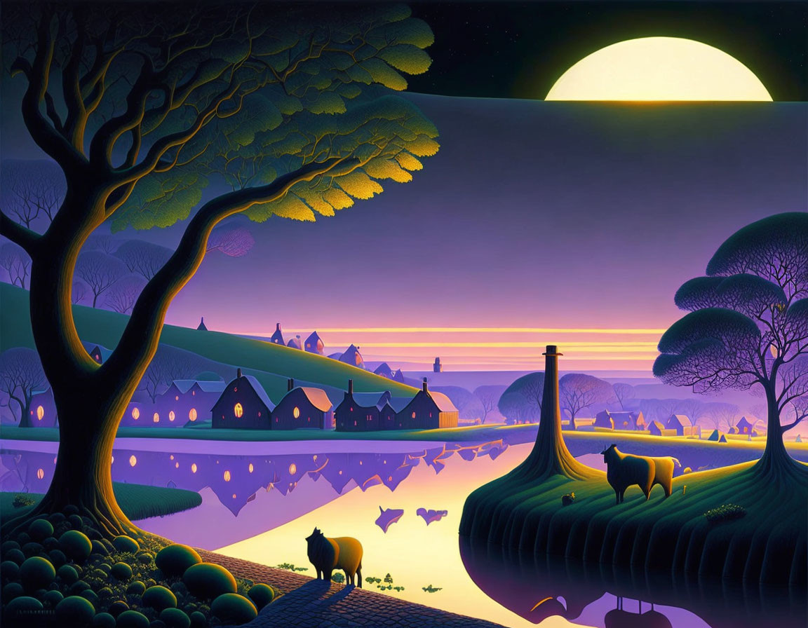 Vibrant dusk landscape with moon, trees, water, houses, and animals
