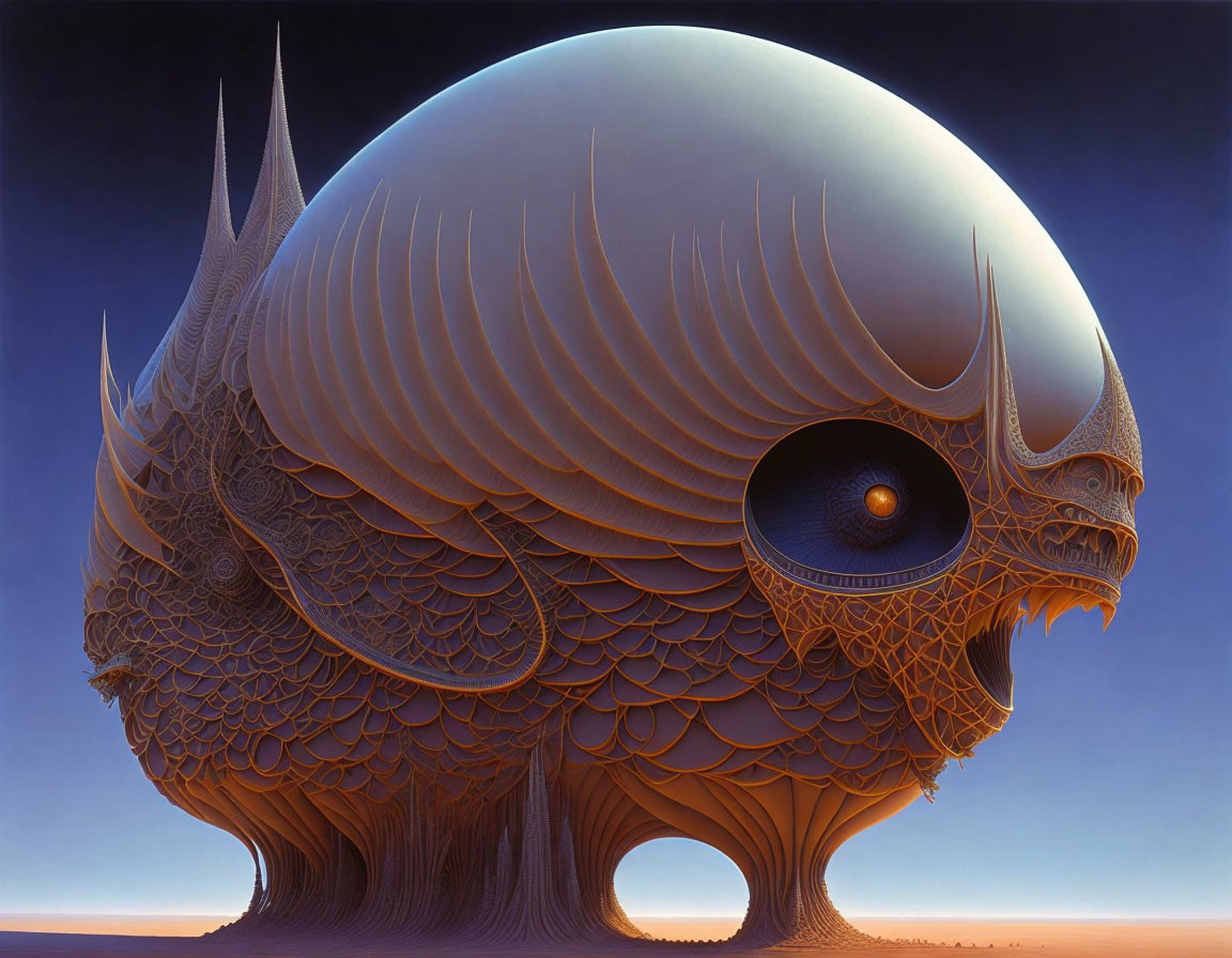 Surreal illustration: Large, ornate organic structure with eye in twilight sky