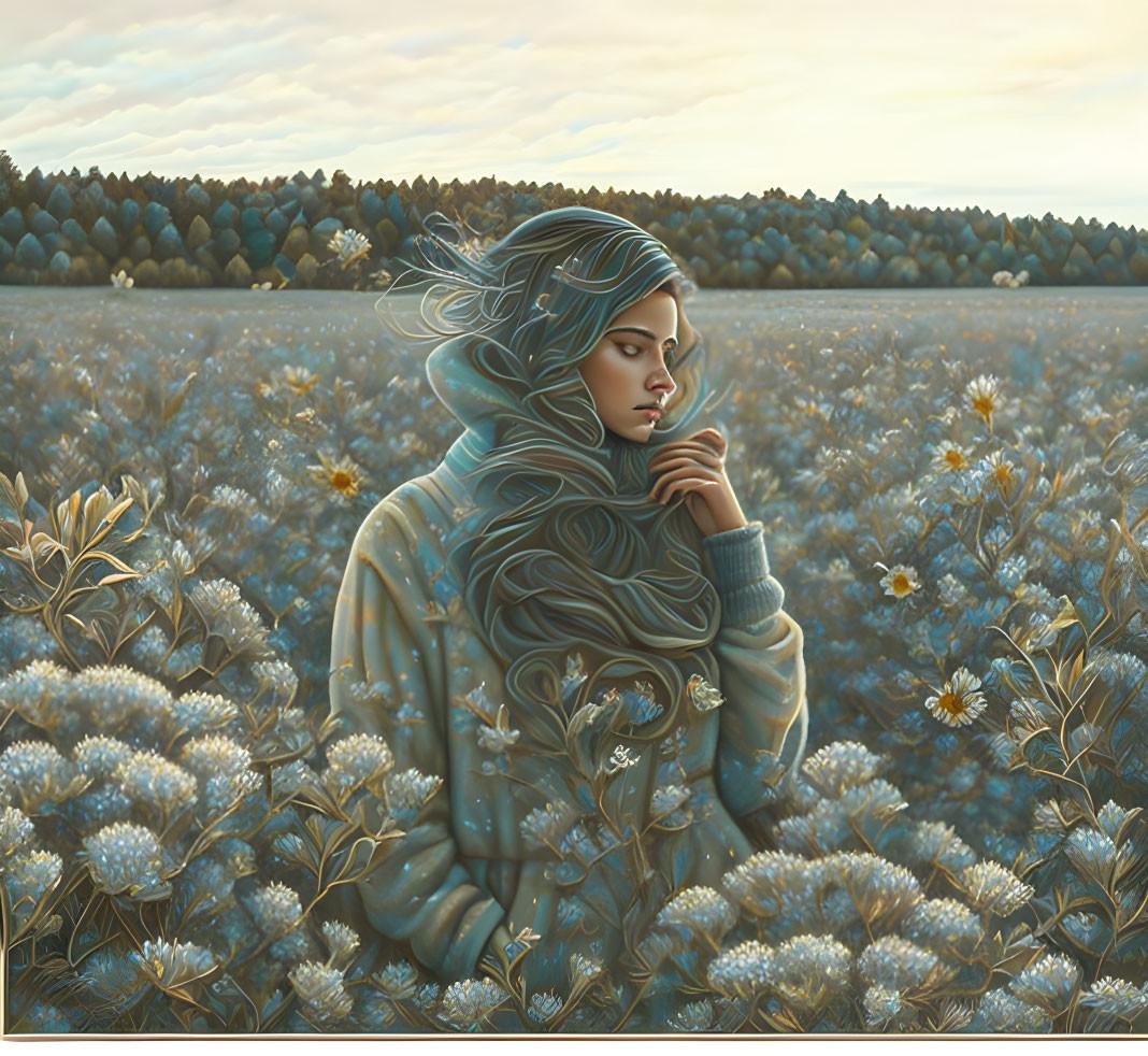 Woman blending with flowers in serene meadow at twilight