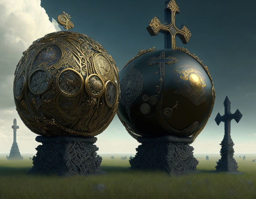 Intricately designed spherical artifacts on stands in grassy field