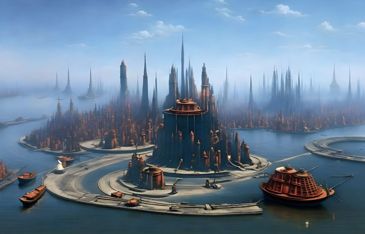 Fantastical cityscape with tall spires on island, circular waterway, boats, hazy