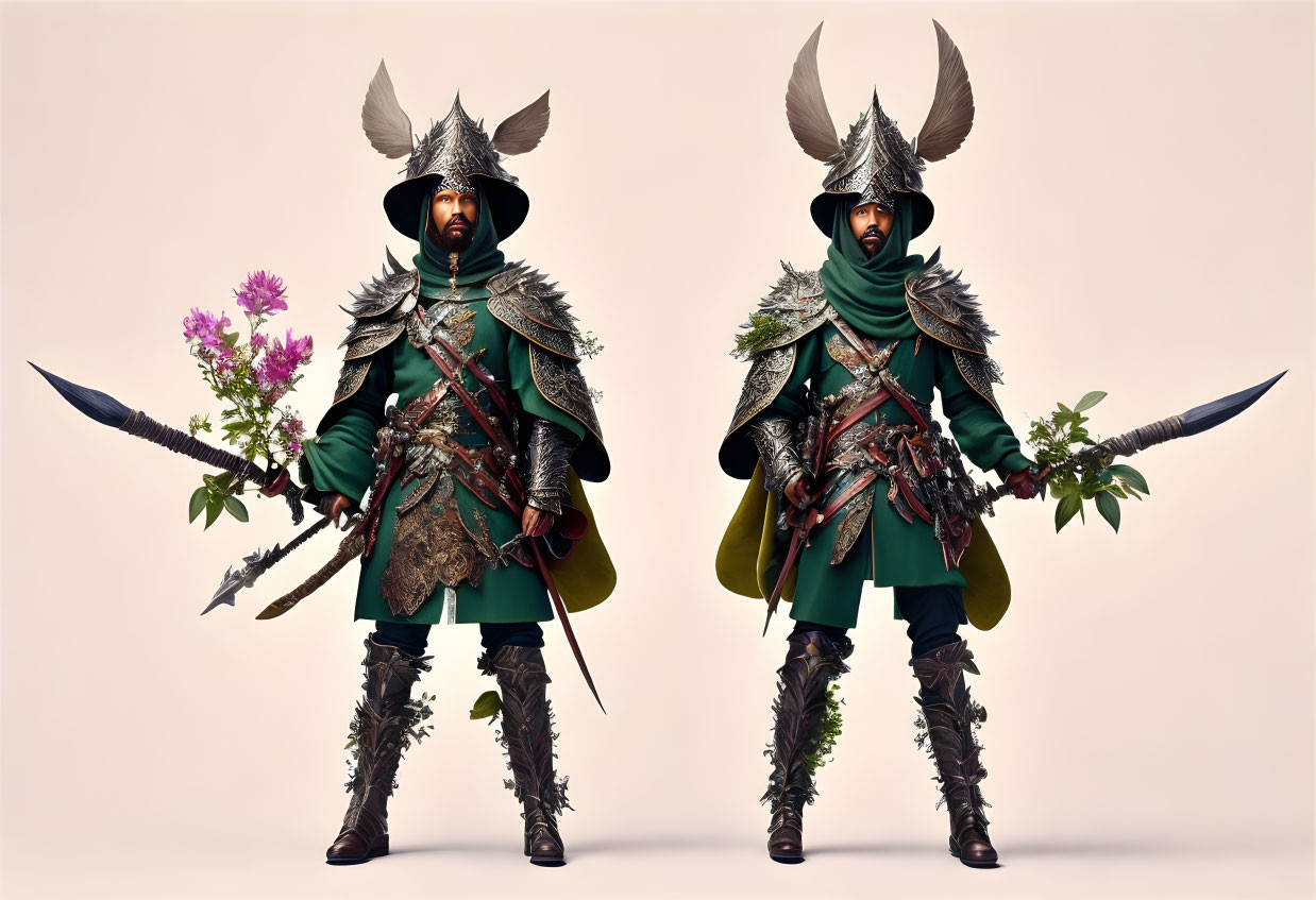Identical fantasy warriors in ornate armor with different items in hand