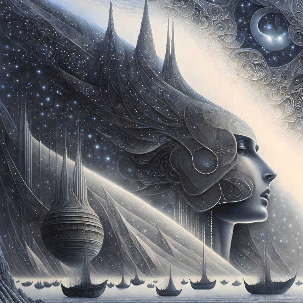 Surreal artwork: Tranquil face with elaborate headdress morphing into starry sky and sailing