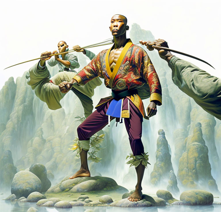 Three martial artists in traditional attire in misty mountain setting