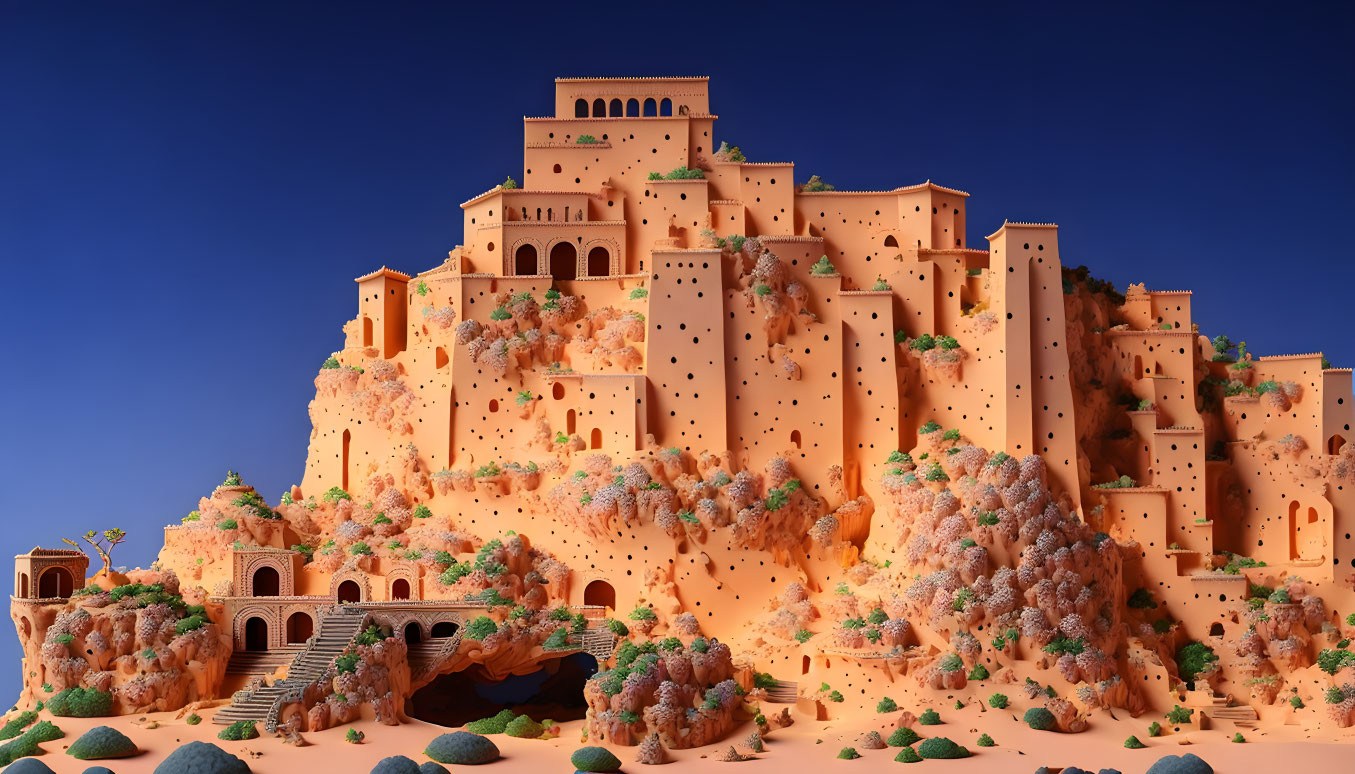 Detailed digital desert sandcastle with towers and foliage under clear blue sky
