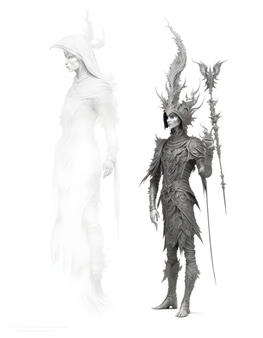 Fantasy art: Ghostly figure alongside armored warrior with spear