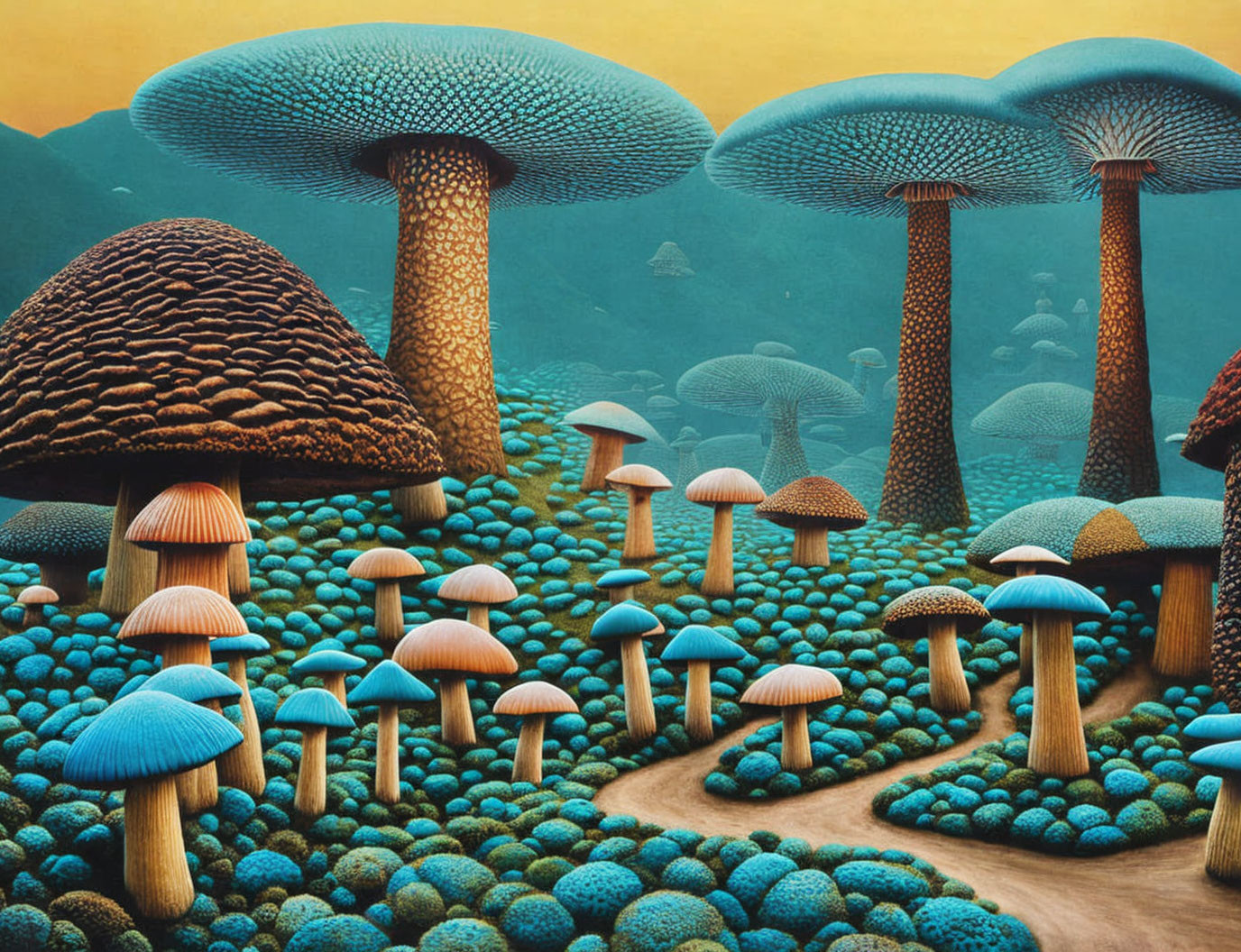 Fantasy Mushroom Forest Illustration in Blue and Brown Tones