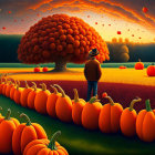Person in Red Jacket in Vibrant Pumpkin Field at Sunset