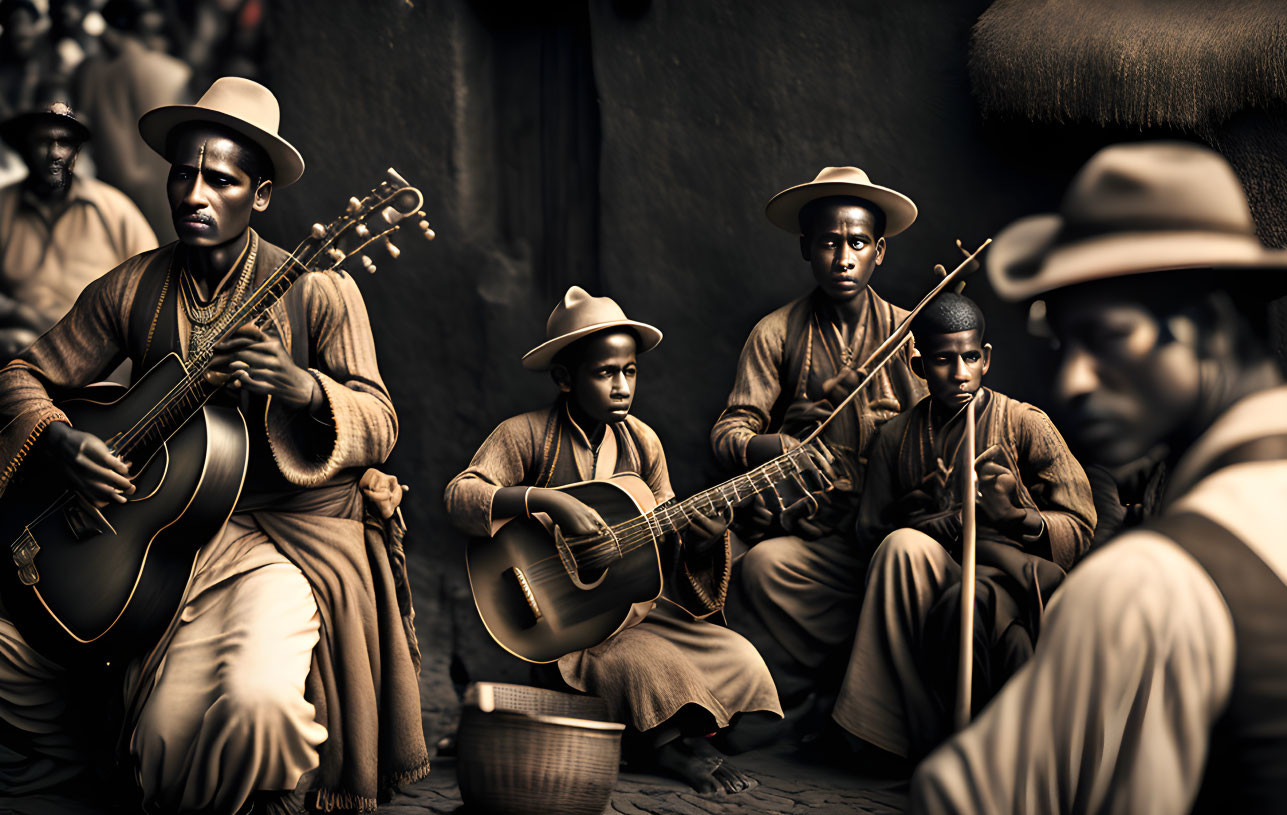 Group of musicians playing guitars and bass in sepia tones wearing fedoras
