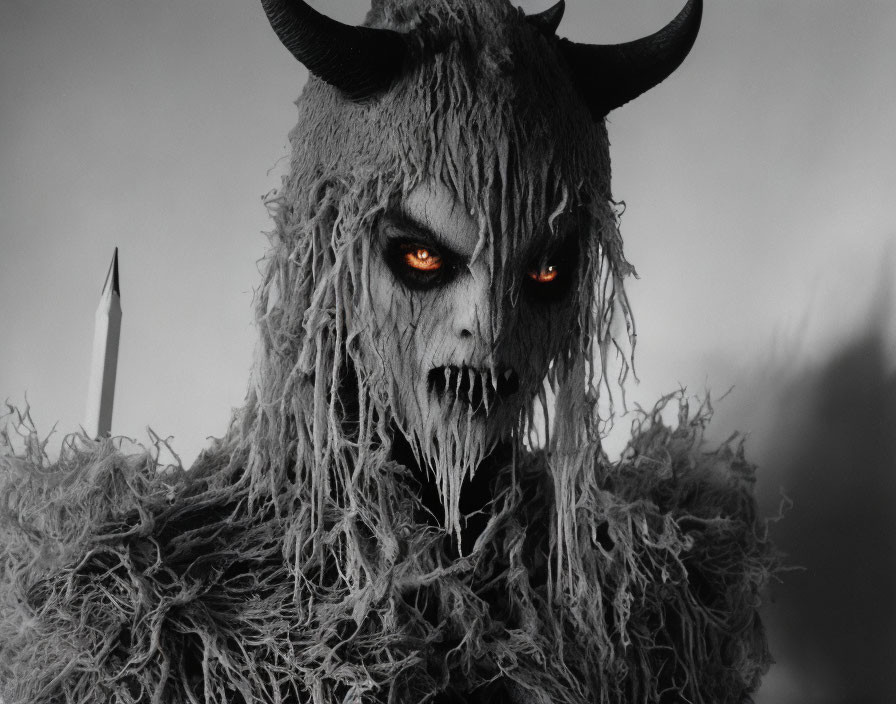 Sinister demon beast costume with glowing red eyes and horns