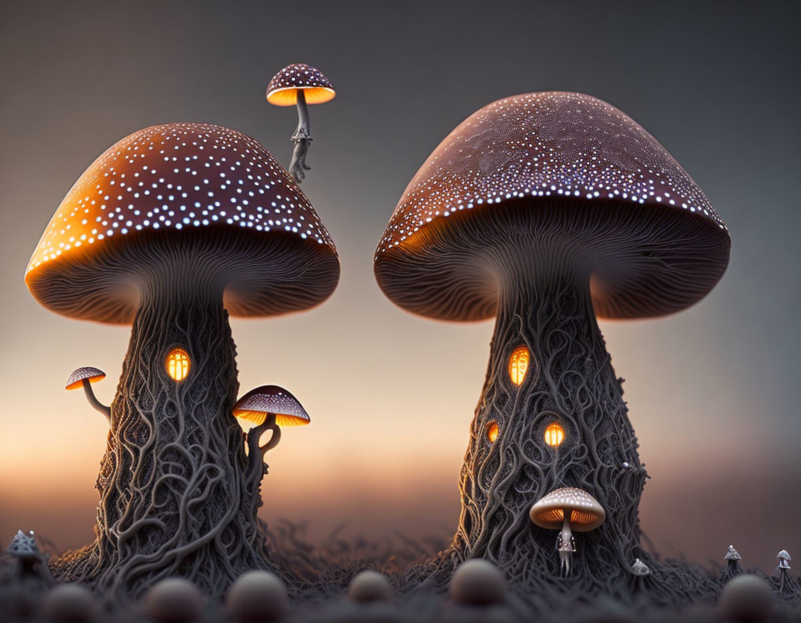 Luminescent Oversized Mushrooms Fantasy Illustration