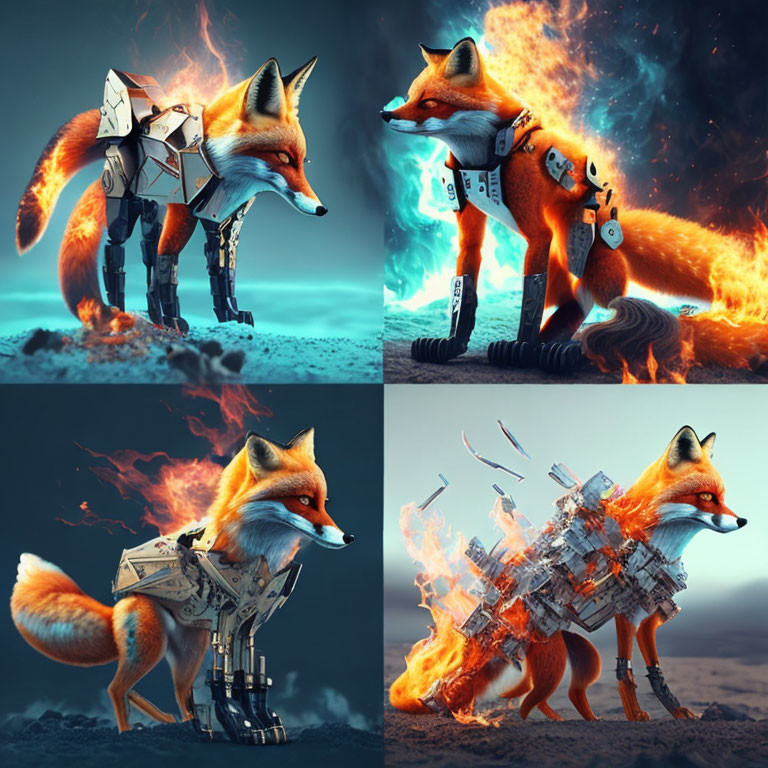 Four-part image of fox with mechanical parts in different environments: standard, on fire, with ice,