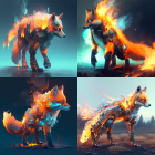 Four-part image of fox with mechanical parts in different environments: standard, on fire, with ice,