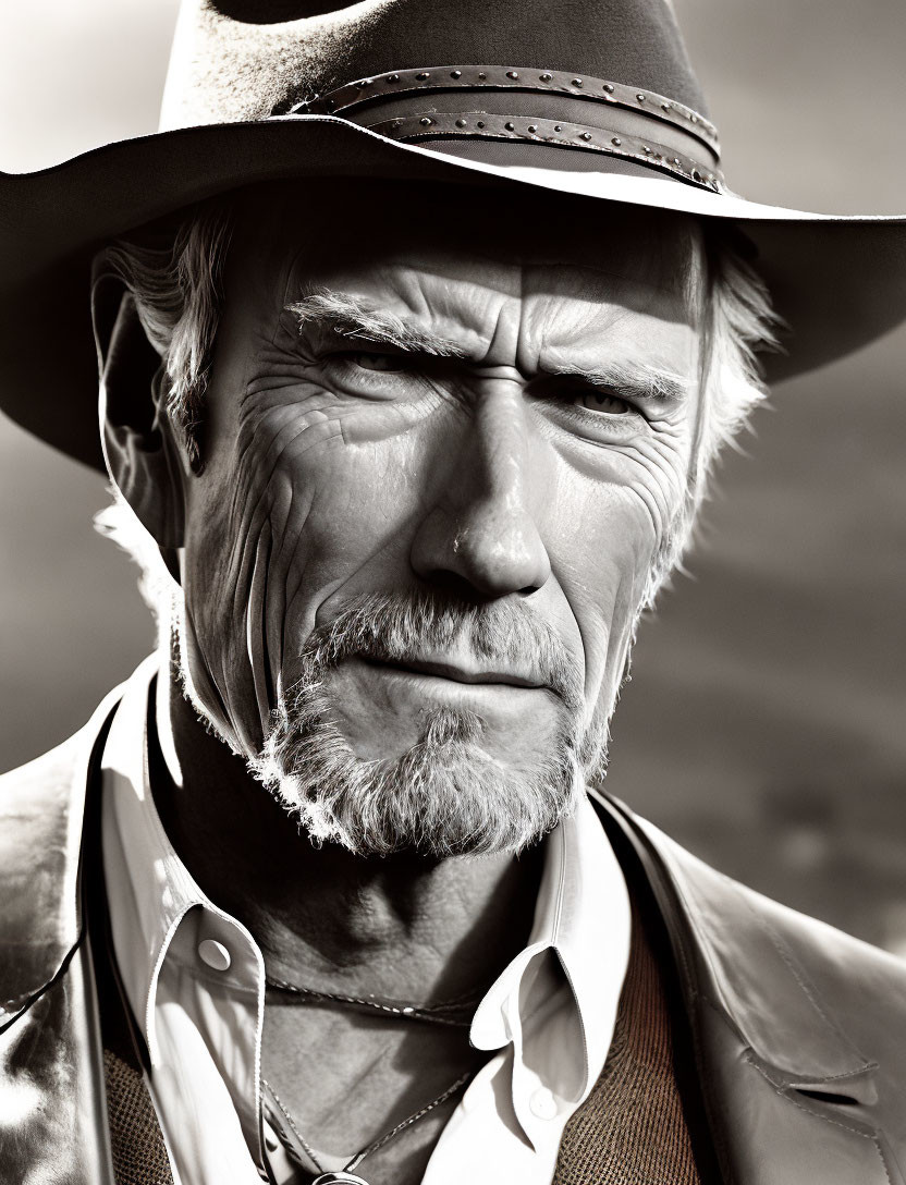 Sepia-Toned Portrait of Rugged Older Man in Cowboy Attire