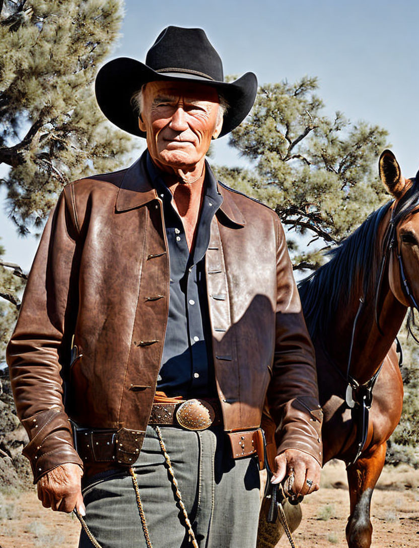 Cowboy in leather jacket and black hat with horse in arid landscape